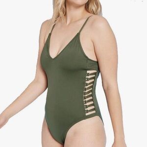 Shade & Shore Strappy Side V-Neck One Piece Swimsuit Olive Green Women's Size M